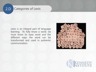 Lexis is an integral part of language
learning. To fully know a word, we
must know its base word and the
different ways the word can be
transformed and used in authentic
communication.
Categories of Lexis2.D
 