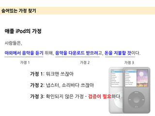 숨어있는 가정 찾기
애플 iPod의 가정
사람들은,
야외에서 음악을 듣기 위해, 음악을 다운로드 받으려고, 돈을 지불할 것이다.
가정 1 가정 2 가정 3
가정 1: 워크맨 쓰잖아
가정 2: 냅스터, 소리바다 쓰잖아
가정 3: 확인되지 않은 가정 - 검증이 필요하다
 