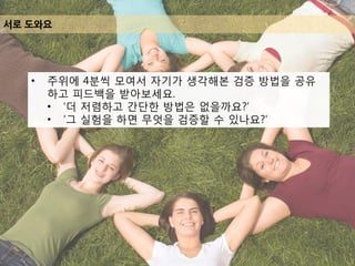서로 도와요
• 주위에 4분씩 모여서 자기가 생각해본 검증 방법을 공유
하고 피드백을 받아보세요.
• ‘더 저렴하고 간단한 방법은 없을까요?’
• ‘그 실험을 하면 무엇을 검증할 수 있나요?’
 