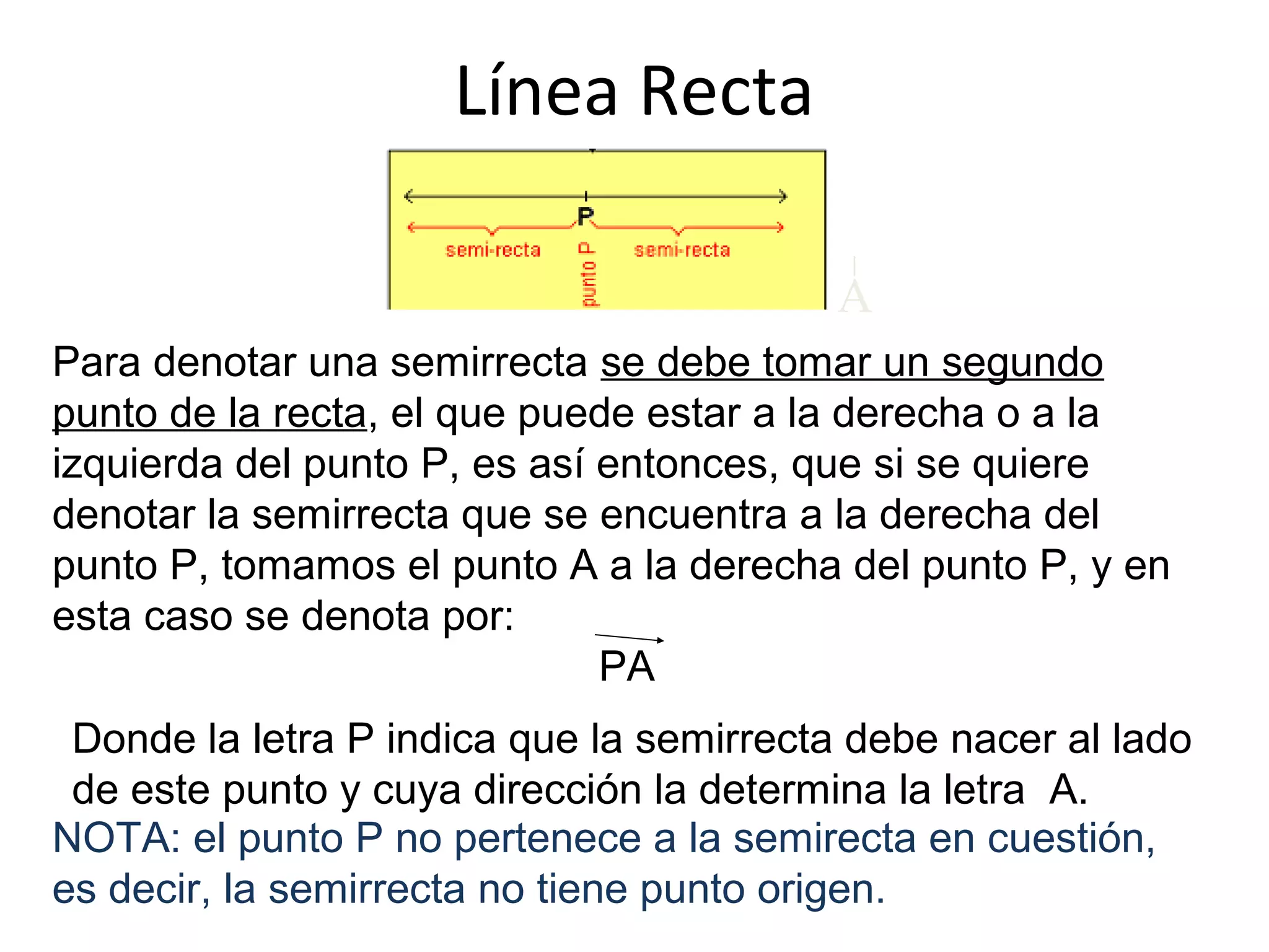 Línea Recta
Para denotar una semirrecta se debe tomar un segundo
punto de la recta, el que puede estar a la derecha o a la
izquierda del punto P, es así entonces, que si se quiere
denotar la semirrecta que se encuentra a la derecha del
punto P, tomamos el punto A a la derecha del punto P, y en
esta caso se denota por:
PA
A
Donde la letra P indica que la semirrecta debe nacer al lado
de este punto y cuya dirección la determina la letra A.
NOTA: el punto P no pertenece a la semirecta en cuestión,
es decir, la semirrecta no tiene punto origen.
 