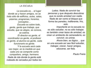 La escuela es… el lugar
donde se y hacen amigos, no se
trata sólo de edificios, aulas, salas,
pizarras, programas, horarios,
conceptos…
Escuela es sobre todo,
gente, gente que trabaja, que
estudia, que se alegra, se conoce,
se estima.
El director es gente, el
coordinador es gente, el profesor
es gente, el alumno es gente, cada
funcionario es gente.
Y la escuela será cada
vez mejor, en la medida en que
cada uno se comporte como
compañero, amigo, hermano.
Nada de isla donde la gente esté
rodeada de cercados por todos los
Lados. Nada de convivir las
personas y que después descubras
que no existe amistad con nadie.
Nada de ser como el bloque que
forma las paredes, indiferente, frío,
solo.
Importante en la escuela no
es sólo estudiar, no es sólo trabajar,
es también crear lazos de amistad, es
crear un ambiente de camaradería, es
convivir, es unirse.
Ahora bien, es lógico… que
en una escuela así sea fácil estudiar,
trabajar, crecer, hacer amigos,
educarse, ser feliz.
Paulo Freire
LA ESCUELA
 