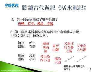 暑期中文精英班 ( 升
中五 ) 18© 2012-2013 Maestro Education Ltd. All Rights Reserved.
讀古代遊記《活水源記》閱
5.   第一段依次描寫了 些景觀？哪
山峰、竹木、禽鳥、寺院
6.  第二段概述活水源流徑路線及沿途所形成景觀，
根據文章內容，填寫表格：
流徑
路線
始出
石罅
形成
景觀
浸為
小渠
   
溢而
西南
流
東至
山麓
又東注
於若耶
之溪
又東北
入於湖
旁出為
四小池
瀦為
大池
 