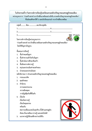 8
 
ใบกิจกรรมที่ 8 วิเคราะห์การเรียนรู้บทเรียนตามหลักปรัชญาของเศรษฐกิจพอเพียง
หน่วยบูรณาการ “ร่วมสร้างสรรค์ ท.ศ.รักษ์สิ่งแวดล้อมอย่างยั่งยืน ตามหลักปรัชญาของเศรษฐกิจพอเพียง”
ชั้นมัธยมศึกษาปีที่ 3 และนักเรียนแกนนํา ท.ศ.รักษ์สิ่งแวดล้อม
กลุ่มที่........... ห้อง .................สมาชิกกลุ่มคือ
1.............................................................................4……………………………………………
2.............................................................................5……………………………………….…
3..............................................................................
วิเคราะห์การเรียนรู้หน่วยบูรณาการ
“ร่วมสร้างสรรค์ ท.ศ.รักษ์สิ่งแวดล้อมตามหลักปรัชญาของเศรษฐกิจพอเพียง”
โดยใช้ปัญหาเป็นฐาน
ขั้นตอนการเรียนรู้
1. ขั้นกําหนดปัญหา
2. ขั้นทําความเข้าใจกับปัญหา
3. ขั้นดําเนินการศึกษาค้นคว้า
4. ขั้นสังเคราะห์ความรู้
5. สรุปและประเมินค่าของคําตอบ
6. นําเสนอและประเมินผล
หลักพิจารณา 5 ส่วนตามหลักปรัชญาของเศรษฐกิจพอเพียง
1. กรอบแนวคิด
2. คุณลักษณะ
3. คํานิยาม
ความพอประมาณ
ความมีเหตุผล
การมีภูมิคุ้มกันที่ดีในตัว
4. เงื่อนไข
เงื่อนไขความรู้
เงื่อนไขคุณธรรม
พร้อมรับ
ต่อการเปลี่ยนแปลงในทุกด้าน ทั้งด้านเศรษฐกิจ
สังคม สิ่งแวดล้อม ความรู้ และเทคโนโลยี
5. แนวทางปฏิบัติ/ผลที่คาดว่าจะได้รับ
 