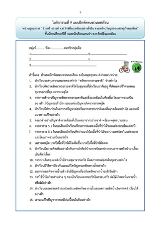 9
 
ใบกิจกรรมที่ 9 แบบฝึกหัดทบทวนบทเรียน
หน่วยบูรณาการ “ร่วมสร้างสรรค์ ท.ศ.รักษ์สิ่งแวดล้อมอย่างยั่งยืน ตามหลักปรัชญาของเศรษฐกิจพอเพียง”
ชั้นมัธยมศึกษาปีที่ 3และนักเรียนแกนนํา ท.ศ.รักษ์สิ่งแวดล้อม
กลุ่มที่........... ห้อง .................สมาชิกกลุ่มคือ
1.............................................................................4……………………………………………
2.............................................................................5……………………………………….…
3........................................................................................
คําชี้แจง ทําแบบฝึกหัดททบทวนบทเรียน ลงในสมุดทุกคน ส่งก่อนจบหน่วย
1. นักเรียนจะสรุปความหมายของคําว่า “ทรัพยากรธรรมชาติ” ว่าอย่างไร
2. นักเรียนคิดว่าทรัพยากรธรรมชาติใดในชุมชนที่นักเรียนอาศัยอยู่ ที่ส่งผลต่อชีวิตของคน
ชุมชนมากที่สุด เพราะเหตุใด
3. จากการสํารวจปัญหาทรัพยากรธรรมชาติและสิ่งแวดล้อมในท้องถิ่น โดยภาพรวมเป็น
อย่างไร มีปัญหาอะไรบ้าง และแต่ละปัญหาเกิดจากสาเหตุใด
4. นักเรียนมีส่วนร่วมในการก่อปัญหาต่อทรัพยากรธรรมชาติและสิ่งแวดล้อมอย่างไร และจะมี
แนวทางแก้ไขอย่างไร
5. จงยกตัวอย่างปัญหาสิ่งแวดล้อมที่เป็นผลมาจากธรรมชาติ พร้อมเหตุผลประกอบ
6. จากตาราง 5.1 ในบทเรียนนักเรียนเขียนกราฟแสดงเนื้อที่ป่าไม้ของแต่ละภาคในแต่ละปี
7. จากตาราง 5.1 ในบทเรียนนักเรียนคิดว่าแนวโน้มเนื้อที่ป่าไม้ของประเทศไทยในแต่ละภาค
และโดยภาพรวมเป็นอย่างไร
8. เพราะเหตุใด บางปีเนื้อที่ป่าไม้จึงเพิ่มขึ้น บางปีเนื้อที่ป่าไม้ลดลง
9. นักเรียนมีความคิดเห็นอย่างไรกับการนําสัตว์ป่าบางชนิดมาประกอบอาหารหรือนํามาเลี้ยง
เป็นสัตว์เลี้ยง
10. การเน่าเสียของแหล่งน้ํามีสาเหตุมาจากอะไร มีผลกระทบต่อคนในชุมชนอย่างไร
11. นักเรียนมีวิธีการป้องกันและแก้ไขปัญหามลพิษทางน้ําอย่างไร
12. นอกจากมลพิษทางน้ําแล้ว ยังมีปัญหาเกี่ยวกับทรัพยากรน้ําอะไรอีกบ้าง
13. การใช้น้ําในกิจกรรมต่าง ๆ ของนักเรียนและสมาชิกในครอบครัว ก่อให้เกิดมลพิษทางน้ํา
หรือไม่อย่างไร
14. นักเรียนและครอบครัวจะช่วยประหยัดทรัพยากรน้ําและลดการผลิตน้ําเสียจากครัวเรือนได้
อย่างไร
15. เราจะแก้ไขปัญหาสารเคมีปนเปื้อนในดินอย่างไร
 