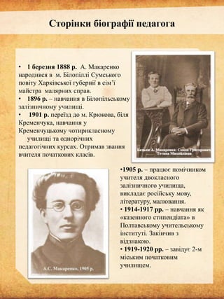Сторінки біографії педагога

• 1 березня 1888 р. А. Макаренко
народився в м. Білопіллі Сумського
повіту Харківської губернії в сім’ї
майстра малярних справ.
• 1896 р. – навчання в Білопільському
залізничному училищі.
• 1901 р. переїзд до м. Крюкова, біля
Кременчука, навчання у
Кременчуцькому чотирикласному
училищі та однорічних
педагогічних курсах. Отримав звання
вчителя початкових класів.
•1905 р. – працює помічником
учителя двокласного
залізничного училища,
викладає російську мову,
літературу, малювання.
• 1914-1917 рр. – навчання як
«казенного стипендіата» в
Полтавському учительському
інституті. Закінчив з
відзнакою.
• 1919-1920 рр. – завідує 2-м
міським початковим
училищем.

 