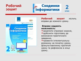 2клас
Робочий
зошит
Робочий зошит містить
вправи до кожного уроку.
Вправи надають
можливість:
закріпити отримані знання,
здійснити підготовку до
виконання практичного
завдання,
провести інтелектуальну
розминку на початку уроку,
фізкультхвилинку протягом
уроку та рефлексію в кінці
уроку.
 