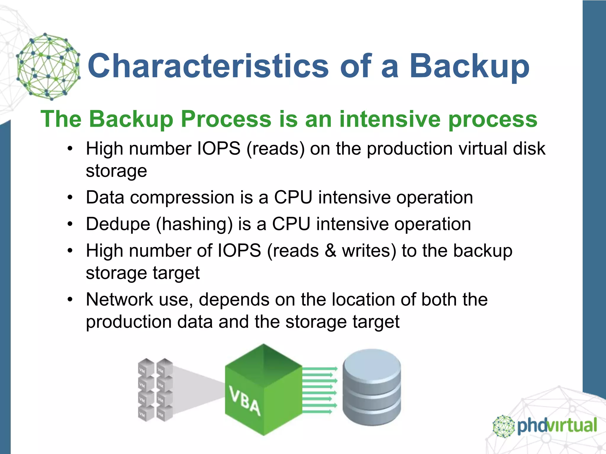 Characteristics of a Backup
The Backup Process is an intensive process
• High number IOPS (reads) on the production virtual disk
storage
• Data compression is a CPU intensive operation
• Dedupe (hashing) is a CPU intensive operation
• High number of IOPS (reads & writes) to the backup
storage target
• Network use, depends on the location of both the
production data and the storage target
 