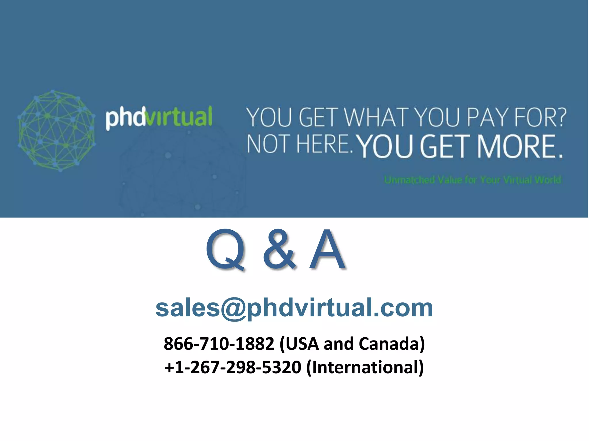 866-710-1882 (USA and Canada)
+1-267-298-5320 (International)
sales@phdvirtual.com
Q & A
 