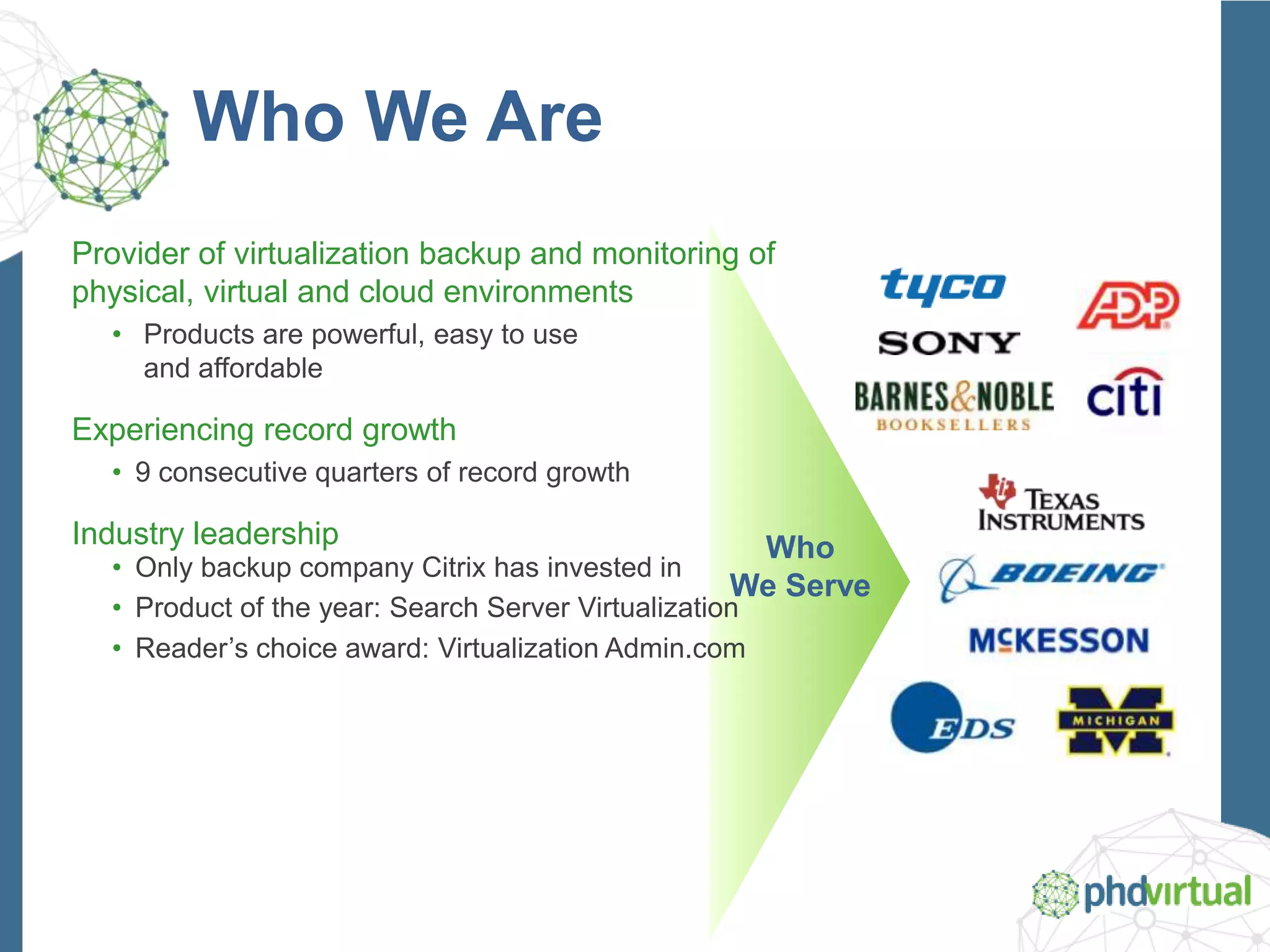 Who We Are
Provider of virtualization backup and monitoring of
physical, virtual and cloud environments
• Products are powerful, easy to use
and affordable
Experiencing record growth
• 9 consecutive quarters of record growth
Industry leadership
• Only backup company Citrix has invested in
• Product of the year: Search Server Virtualization
• Reader’s choice award: Virtualization Admin.com
Who
We Serve
 