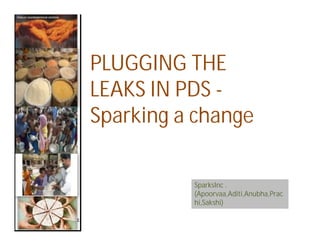 PLUGGING THE
LEAKS IN PDS -
Sparking a changeSparking a change
SparksInc .
(Apoorvaa,Aditi,Anubha,Prac
hi,Sakshi)
 
