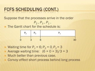 FCFS SCHEDULING (CONT.)
Suppose that the processes arrive in the order
P2 , P3 , P1 .
 The Gantt chart for the schedule is:
 Waiting time for P1 = 6; P2 = 0; P3 = 3
 Average waiting time: (6 + 0 + 3)/3 = 3
 Much better than previous case.
 Convoy effect short process behind long process
P1P3P2
63 300
 