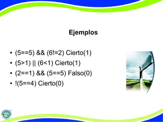 Ejemplos
● (5==5) && (6!=2) Cierto(1)
● (5>1) || (6<1) Cierto(1)
● (2==1) && (5==5) Falso(0)
● !(5==4) Cierto(0)
 