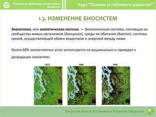 1.3. ИЗМЕНЕНИЕ БИОСИСТЕМ
Экосистема, или экологическая система — биологическая система, состоящая из
сообщества живых организмов (биоценоз), среды их обитания (биотоп), системы
связей, осуществляющей обмен веществом и энергией между ними.
Около 60% экосистемных услуг используется не рационально и приводит к
деградации экосистем.
 