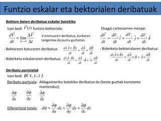 Funtzio eskalar eta bektorialen deribatuak 
Bektore baten deribatua eskalar batekiko 
 
Izan bedi funtzio bektoriala: 
V (t) 
  
V 
lim V eremuaren deribatua, kurbaren 
t 
dV 
dt 
= D 
t D 
D ® 
0 
Deribatu partzialak 
Osagai cartesiarren menpe: 
j dV 
dV 
dV 
 
dV = x ˆ + y ˆ + z ˆ 
tangentea da puntu guztietan. k 
dt 
dt 
i 
dt 
dt 
    
( + ) = + 
dB 
dt 
dA 
dt 
d A B 
dt 
   
( × ) = × + × 
B A dB 
dt 
dA 
dt 
d A B 
dt 
 
  
- Bektoreen baturaren deribatua: 
- Biderketa eskalarraren deribatua: 
- Biderketa bektorialaren deribatua: 
   
( ´ ) = ´ + ´ 
B A dB 
dt 
dA 
dt 
d A B 
dt 
 
  
Izan bedi f ( x , y , z ) . 
Deribatu partziala: Aldagaietariko batekiko deribatua da (beste guztiak konstante 
mantenduz). 
¶f 
¶x 
¶f 
¶y 
¶f 
¶z 
f = ¶f + ¶ 
f + ¶ 
f 
Diferentzial totala: dz 
z 
dy 
y 
dx 
x 
d 
¶ 
¶ 
¶ 
 