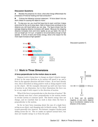 k / A force can do positive,
negative, or zero work, depend-
ing on its direction relative to the
direction of the motion.
Discussion Questions
A Besides the presence of a force, what other things differentiate the
processes of frictional heating and heat conduction?
B Criticize the following incorrect statement: “A force doesn’t do any
work unless it’s causing the object to move.”
C To stop your car, you must ﬁrst have time to react, and then it takes
some time for the car to slow down. Both of these times contribute to the
distance you will travel before you can stop. The ﬁgure shows how the
average stopping distance increases with speed. Because the stopping
distance increases more and more rapidly as you go faster, the rule of
one car length per 10 m.p.h. of speed is not conservative enough at high
speeds. In terms of work and kinetic energy, what is the reason for the
more rapid increase at high speeds?
Discussion question C.
3.2 Work in Three Dimensions
A force perpendicular to the motion does no work.
Suppose work is being done to change an object’s kinetic energy.
A force in the same direction as its motion will speed it up, and a
force in the opposite direction will slow it down. As we have already
seen, this is described as doing positive work or doing negative work
on the object. All the examples discussed up until now have been
of motion in one dimension, but in three dimensions the force can
be at any angle θ with respect to the direction of motion.
What if the force is perpendicular to the direction of motion? We
have already seen that a force perpendicular to the motion results
in circular motion at constant speed. The kinetic energy does not
change, and we conclude that no work is done when the force is
perpendicular to the motion.
So far we have been reasoning about the case of a single force
acting on an object, and changing only its kinetic energy. The result
is more generally true, however. For instance, imagine a hockey puck
sliding across the ice. The ice makes an upward normal force, but
does not transfer energy to or from the puck.
Section 3.2 Work in Three Dimensions 55
 