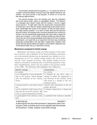 First Einstein showed that the equation p = mv would not work for
a system containing objects moving at very high speeds relative to one
another. He came up with a new equation, to which mv is only the
low-velocity approximation.
The second change, and a far stranger one, was the realization
that at the atomic level, motion is inescapably random. The electron
in a hydrogen atom doesn’t really orbit the nucleus, it forms a vague
cloud around it. It might seem that this would prove nonconservation
of momentum, but in fact the random wanderings of the proton are ex-
actly coordinated with those of the electron so that the total momen-
tum stays exactly constant. In an atom of lead, there are 82 electrons
plus the nucleus, all changing their momenta randomly from moment to
moment, but all coordinating mysteriously with each other to keep the
vector sum constant. In the 1930s, Einstein pointed out that the theo-
ries of the atom then being developed would require this kind of spooky
coordination, and used this as an argument that there was something
physically unreasonable in the new ideas. Experiments, however, have
shown that the spooky effects do happen, and Einstein’s objections are
remembered today only as a historical curiousity.
Momentum compared to kinetic energy
Momentum and kinetic energy are both measures of the quan-
tity of motion, and a sideshow in the Newton-Leibnitz controversy
over who invented calculus was an argument over whether mv (i.e.,
momentum) or mv2 (i.e., kinetic energy without the 1/2 in front)
was the “true” measure of motion. The modern student can cer-
tainly be excused for wondering why we need both quantities, when
their complementary nature was not evident to the greatest minds
of the 1700’s. The following table highlights their diﬀerences.
kinetic energy . . . momentum . . .
is a scalar. is a vector
is not changed by a force perpendic-
ular to the motion, which changes
only the direction of the velocity
vector.
is changed by any force, since a
change in either the magnitude or
the direction of the velocity vector
will result in a change in the mo-
mentum vector.
is always positive, and cannot cancel
out.
cancels with momentum in the op-
posite direction.
can be traded for other forms of en-
ergy that do not involve motion. KE
is not a conserved quantity by itself.
is always conserved in a closed sys-
tem.
is quadrupled if the velocity is dou-
bled.
is doubled if the velocity is doubled.
A spinning top example 4
A spinning top has zero total momentum, because for every mov-
ing point, there is another point on the opposite side that cancels
its momentum. It does, however, have kinetic energy.
Section 4.1 Momentum 81
 