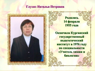 Глухих Наталья ПетровнаГлухих Наталья Петровна
РодиласьРодилась
14 февраля14 февраля
1955 года1955 года
Окончила КурганскийОкончила Курганский
государственныйгосударственный
педагогическийпедагогический
институт в 1976 годуинститут в 1976 году
по специальностипо специальности
«Учитель химии и«Учитель химии и
биологии»биологии»
 
