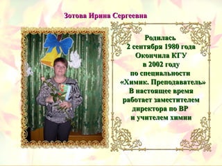 Зотова Ирина СергеевнаЗотова Ирина Сергеевна
РодиласьРодилась
2 сентября 1980 года2 сентября 1980 года
Окончила КГУОкончила КГУ
в 2002 годув 2002 году
по специальностипо специальности
«Химик. Преподаватель»«Химик. Преподаватель»
В настоящее времяВ настоящее время
работает заместителемработает заместителем
директора по ВРдиректора по ВР
и учителем химиии учителем химии
 