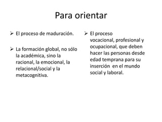 Para orientar
 El proceso de maduración.
 La formación global, no sólo
la académica, sino la
racional, la emocional, la
relacional/social y la
metacognitiva.
 El proceso
vocacional, profesional y
ocupacional, que deben
hacer las personas desde
edad temprana para su
inserción en el mundo
social y laboral.
 