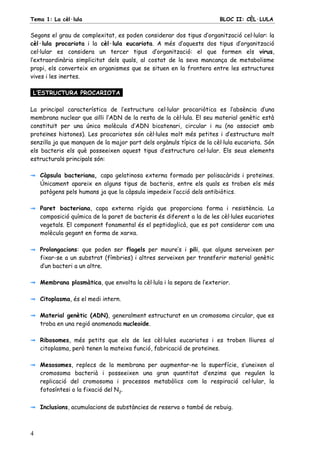 Tema 1: La cèl·lula BLOC II: CÈL·LULA
4
Segons el grau de complexitat, es poden considerar dos tipus d’organització cel·lular: la
cèl·lula procariota i la cèl·lula eucariota. A més d’aquests dos tipus d’organització
cel·lular es considera un tercer tipus d’organització: el que formen els virus,
l’extraordinària simplicitat dels quals, al costat de la seva mancança de metabolisme
propi, els converteix en organismes que se situen en la frontera entre les estructures
vives i les inertes.
L’ESTRUCTURA PROCARIOTA.
La principal característica de l’estructura cel·lular procariòtica es l’absència d’una
membrana nuclear que aïlli l’ADN de la resta de la cèl·lula. El seu material genètic està
constituït per una única molècula d’ADN bicatenari, circular i nu (no associat amb
proteïnes histones). Les procariotes són cèl·lules molt més petites i d’estructura molt
senzilla ja que manquen de la major part dels orgànuls típics de la cèl·lula eucariota. Són
els bacteris els què posseeixen aquest tipus d’estructura cel·lular. Els seus elements
estructurals principals són:
Càpsula bacteriana, capa gelatinosa externa formada per polisacàrids i proteïnes.
Únicament apareix en alguns tipus de bacteris, entre els quals es troben els més
patògens pels humans ja que la càpsula impedeix l’acció dels antibiòtics.
Paret bacteriana, capa externa rígida que proporciona forma i resistència. La
composició química de la paret de bacteris és diferent a la de les cèl·lules eucariotes
vegetals. El component fonamental és el peptidoglicà, que es pot considerar com una
molècula gegant en forma de xarxa.
Prolongacions: que poden ser flagels per moure’s i pili, que alguns serveixen per
fixar-se a un substrat (fímbries) i altres serveixen per transferir material genètic
d’un bacteri a un altre.
Membrana plasmàtica, que envolta la cèl·lula i la separa de l’exterior.
Citoplasma, és el medi intern.
Material genètic (ADN), generalment estructurat en un cromosoma circular, que es
troba en una regió anomenada nucleoide.
Ribosomes, més petits que els de les cèl·lules eucariotes i es troben lliures al
citoplasma, però tenen la mateixa funció, fabricació de proteïnes.
Mesosomes, replecs de la membrana per augmentar-ne la superfície, s’uneixen al
cromosoma bacterià i posseeixen una gran quantitat d’enzims que regulen la
replicació del cromosoma i processos metabòlics com la respiració cel·lular, la
fotosíntesi o la fixació del N2
.
Inclusions, acumulacions de substàncies de reserva o també de rebuig.
 