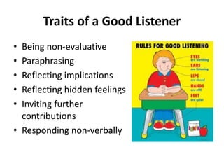 Traits of a Good Listener
• Being non-evaluative
• Paraphrasing
• Reflecting implications
• Reflecting hidden feelings
• Inviting further
contributions
• Responding non-verbally
 