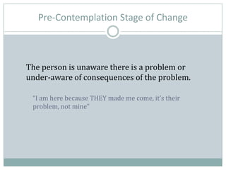 Pre-Contemplation Stage of Change
The person is unaware there is a problem or
under-aware of consequences of the problem.
“I am here because THEY made me come, it’s their
problem, not mine”
 