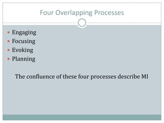 Four Overlapping Processes
 Engaging
 Focusing
 Evoking
 Planning
The confluence of these four processes describe MI
 