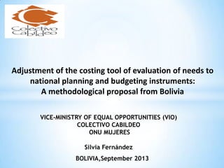 Adjustment of the costing tool of evaluation of needs to
national planning and budgeting instruments:
A methodological proposal from Bolivia
VICE-MINISTRY OF EQUAL OPPORTUNITIES (VIO)
COLECTIVO CABILDEO
ONU MUJERES
Silvia Fernández
BOLIVIA,September 2013
 