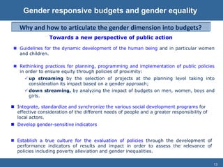 13
 Guidelines for the dynamic development of the human being and in particular women
and children.
 Rethinking practices for planning, programming and implementation of public policies
in order to ensure equity through policies of proximity:
 up streaming by the selection of projects at the planning level taking into
consideration its impact based on a gender approach;
 down streaming, by analyzing the impact of budgets on men, women, boys and
girls.
 Establish a true culture for the evaluation of policies through the development of
performance indicators of results and impact in order to assess the relevance of
policies including poverty alleviation and gender inequalities.
Towards a new perspective of public action
 Integrate, standardize and synchronize the various social development programs for
effective consideration of the different needs of people and a greater responsibility of
local actors.
 Develop gender-sensitive indicators
Why and how to articulate the gender dimension into budgets?
Gender responsive budgets and gender equality
 