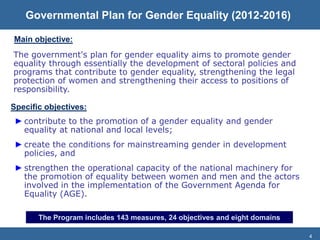 4
Governmental Plan for Gender Equality (2012-2016)
The government's plan for gender equality aims to promote gender
equality through essentially the development of sectoral policies and
programs that contribute to gender equality, strengthening the legal
protection of women and strengthening their access to positions of
responsibility.
Main objective:
Specific objectives:
► contribute to the promotion of a gender equality and gender
equality at national and local levels;
► create the conditions for mainstreaming gender in development
policies, and
► strengthen the operational capacity of the national machinery for
the promotion of equality between women and men and the actors
involved in the implementation of the Government Agenda for
Equality (AGE).
The Program includes 143 measures, 24 objectives and eight domains
 
