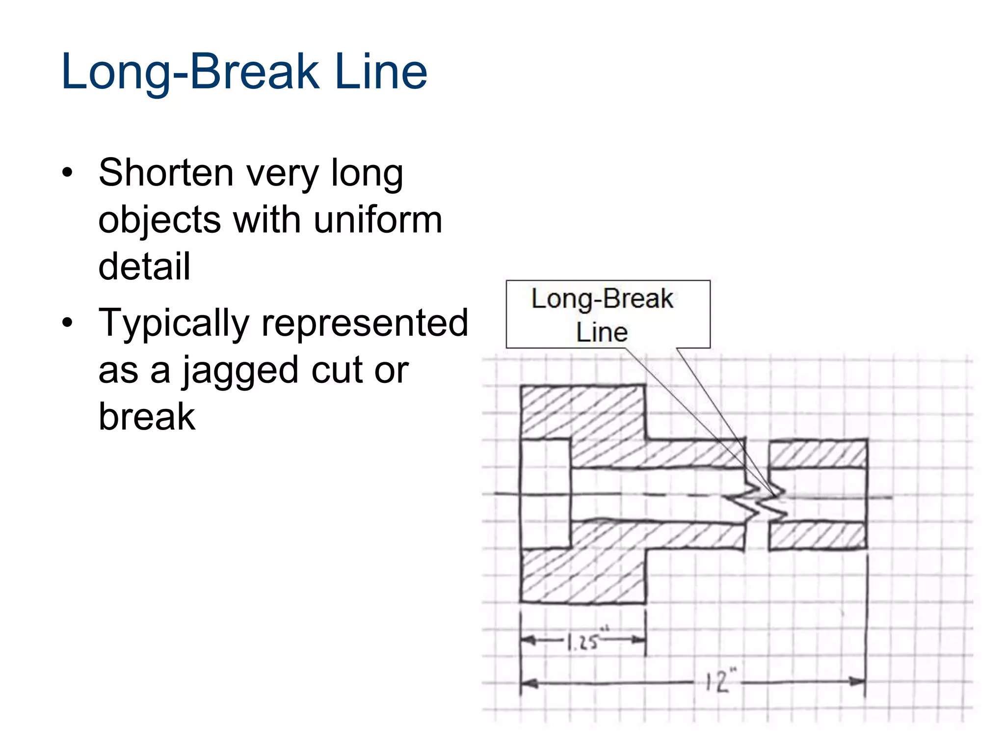 Long-Break Line
• Shorten very long
objects with uniform
detail
• Typically represented
as a jagged cut or
break
 