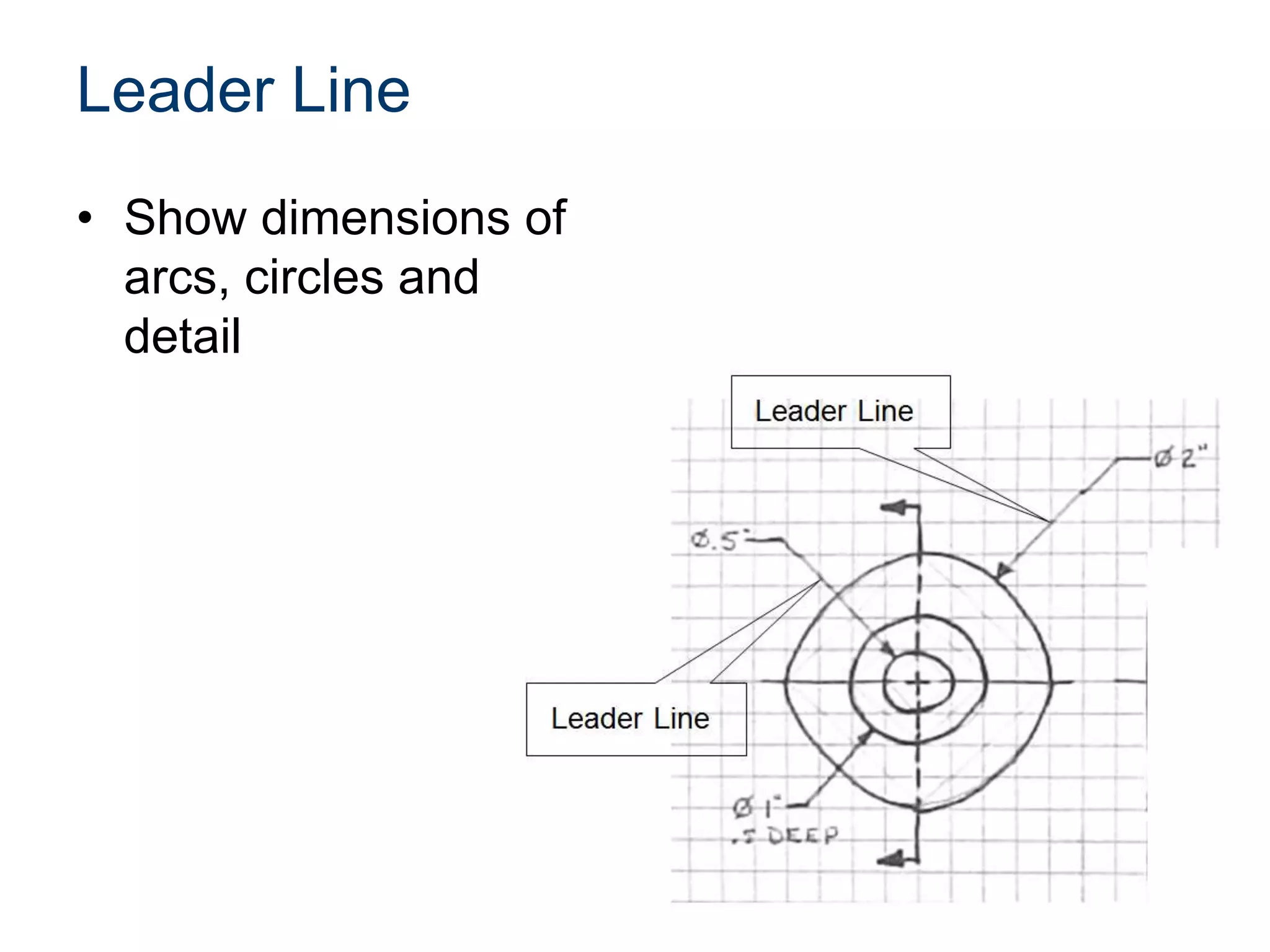Leader Line
• Show dimensions of
arcs, circles and
detail
 