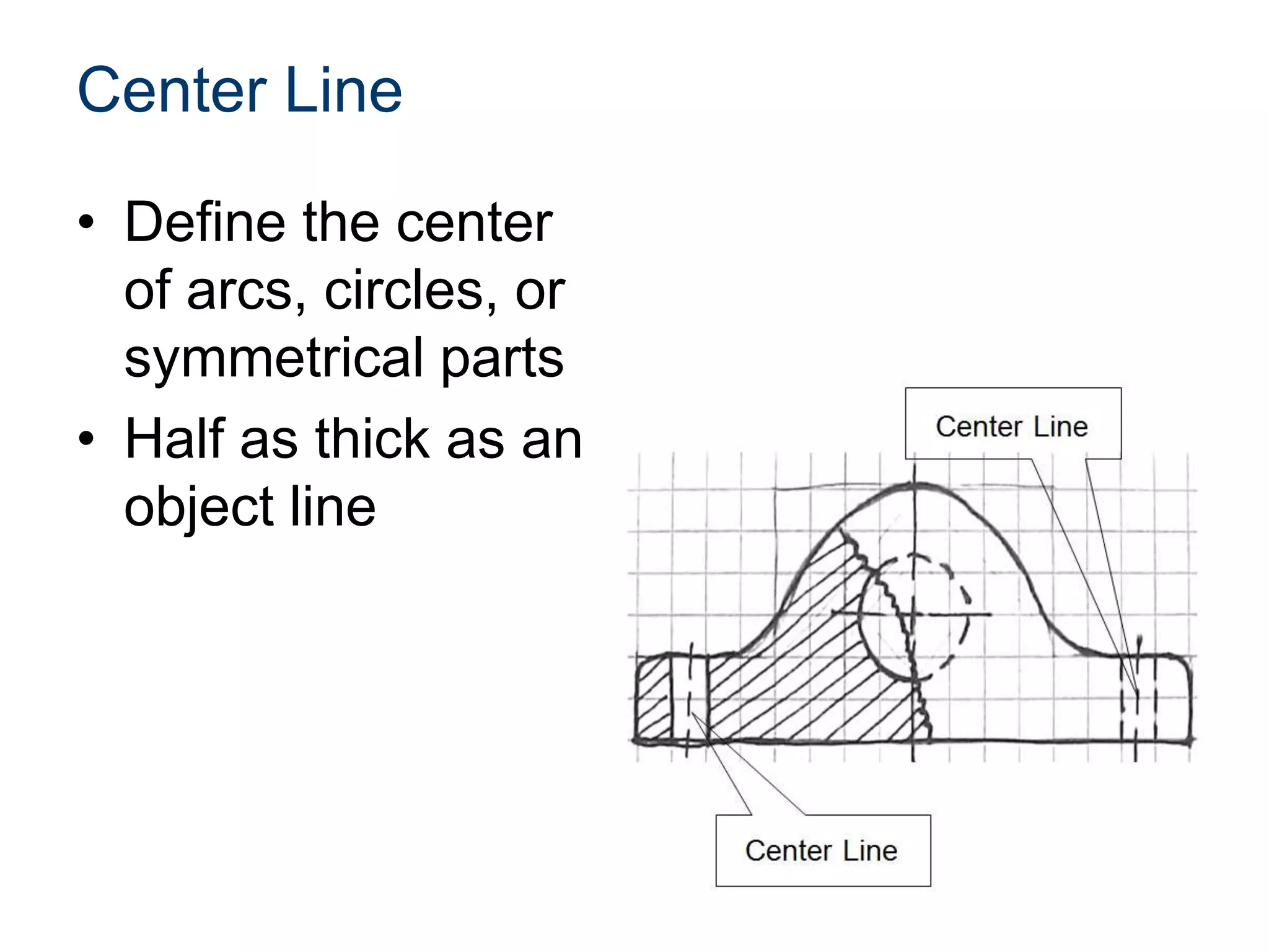 Center Line
• Define the center
of arcs, circles, or
symmetrical parts
• Half as thick as an
object line
 