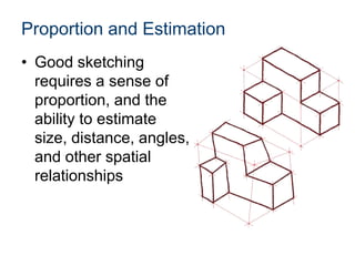 Proportion and Estimation
• Good sketching
requires a sense of
proportion, and the
ability to estimate
size, distance, angles,
and other spatial
relationships
 
