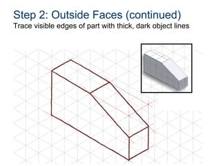 Step 2: Outside Faces (continued)
Trace visible edges of part with thick, dark object lines
 