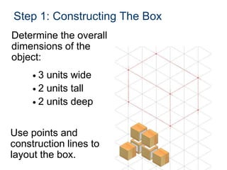 Step 1: Constructing The Box
• 3 units wide
• 2 units tall
• 2 units deep
Determine the overall
dimensions of the
object:
Use points and
construction lines to
layout the box.
 