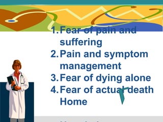 1.Fear of pain and
suffering
2.Pain and symptom
management
3.Fear of dying alone
4.Fear of actual death
Home
 