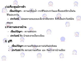1.ไปเที่ยวศูนย์การค้า
- เพื่อแก้ก้ปัญหา : ความเหนื่อแกยล้้า จากชีวิตประจ้าวัน้ละซื้อแกเขอแกงใช้จ้าเป็นใน
ชีวิตประจ้าวัน
- ประโยชน์ : ผ่อแกนคลายตนเอแกง้ละมีเวลาเลือแกกสรร สิ่งที่เป็นประโยชน์ต่อแก
ตนเอแกง
2.ท้าความสะอแกาดบ้าน
- เพื่อแก้ก้ปัญหา : ความสกปรก
- ประโยชน์ คือแก บ้านสะอแกาดเป็นระเบียบ
3. ดูทีวี
- เพื่อแก้ก้ปัญหา ความเครียด้ละความไม่ทันต่อแกสังคม
- ประโยชน์ คือแก คลายความเครียด ้ละ ทันข่าวสารบ้านเมือแกง
 