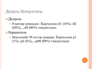 ДЕЦИЛЬ ПЕРЦЕНТИЛЬ
 Дециль
 9 цэгээр хуваадаг. Харгалзан d1 (10%), d2
(20%),…d9 (90%) тэмдэглэдэг.
 Перцентиль
 Мэдээллийг 99 цэгээр хуваадаг. Харгалзан p1
(1%), p2 (2%),…p99 (99%) тэмдэглэдэг.
17
 