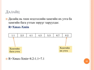 ДАЛАЙЦ
 Далайц нь тоон мэдээллийн хамгийн их утга ба
хамгийн бага утгын зөрүүг харуулдаг.
R=Xmax-Xmin
 R=Xmax-Xmin=8.2-1.1=7.1
22
1.1 2.3 4.1 4.3 5.3 6.7 8.2
Хамгийн
бага утга
Хамгийн
их утга
 