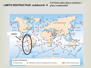 LIMITS DESTRUCTIUS: subducció 
Col·lisió entre placa oceànica i
placa continental
Andes
 