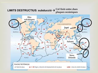 MOVIMENT DELS CONTINENTS
LIMITS DESTRUCTIUS: subducció 
Col·lisió entre dues
plaques oceàniques
Illes
volcàniques
Salomó
Japó
Nova
Zelanda
 