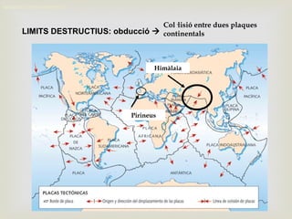 MOVIMENT DELS CONTINENTS
LIMITS DESTRUCTIUS: obducció 
Col·lisió entre dues plaques
continentals
Himàlaia
Pirineus
 