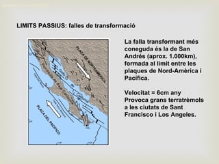 LIMITS PASSIUS: falles de transformació
MOVIMENT DELS CONTINENTS
La falla transformant més
coneguda és la de San
Andrés (aprox. 1.000km),
formada al límit entre les
plaques de Nord-Amèrica i
Pacífica.
Velocitat = 6cm any
Provoca grans terratrèmols
a les ciutats de Sant
Francisco i Los Angeles.
 
