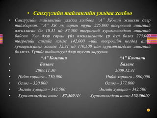 • Санхүүгийн тайлангийн уялдаа холбоо
• Санхүүгийн тайлангийн уялдаа холбоог “А” ХК-ний жишээн дээр
тайлбарлая. “А” ХК нь сарын турш 225,000 төгрөгний ашигтай
ажилласан ба 10.31 нд 87,500 төгрөгний хуримтлагдсан ашигтай
байсан. Үүн дээр сарын үйл ажиллагааны үр дүн болох 225,000
төгрөгийн ашгийг нэмж 142,000 –ийн төгрөгийн ногдол ашиг
хуваарилсаныг хасаж 12.31 нд 170,500 ийн хуримтлагдсан ашигтай
болжээ. Үүнийг тайлангууд дээр тусган харуулая.
• “А” Компани “А” Компани
• Баланс Баланс
• 2009.11.30 2009.12.31
• Нийт хөрөнгө - 750,000 Нийт хөрөнгө - 890,000
• Өглөг – 320,000 Өглөг – 377,000
• Энгийн хувьцаа – 342,500 Энгийн хувьцаа – 342,500
• Хуримтлагдсан ашиг - 87,500 /1/ Хуримтлагдсан ашиг-170,500/3/
 