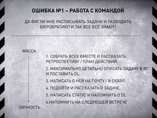 ОШИБКА №1 – РАБОТА С КОМАНДОЙ
ДА ФИГЛИ МНЕ РАСПИСЫВАТЬ ЗАДАЧИ И РАЗВОДИТЬ
БЮРОКРАТИЮ? И ТАК ВСЕ ВСЁ ЗНАЮТ!
1. СОБРАТЬ ВСЕХ ВМЕСТЕ И РАССКАЗАТЬ
РЕТРОСПЕКТИВУ / ПЛАН ДЕЙСТВИЙ.
2. МАКСИМАЛЬНО ДЕТАЛЬНО ОПИСАТЬ ЗАДАЧУ В BC
И ПОСТАВИТЬ DL.
3. НАПИСАТЬ О НЕЙ НА ПОЧТУ / В СКАЙП.
4. ПОДОЙТИ И РАССКАЗАТЬ О ЗАДАЧЕ.
5. НАПИСАТЬ СТАТУС И НАПОМНИТЬ О DL
6.НАПОМНИТЬ НА СЛЕДУЮЩЕЙ ВСТРЕЧЕ
МАССА
ЛИЧНОСТЬ
 
