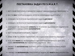 ПОСТАНОВКА ЗАДАЧ ПО S.M.A.R.T.
1. МОГУ ЛИ Я ПРИСТУПАТЬ К ОБРАБОТКЕ ЗАДАЧИ? (ФИНАНСОВАЯ ДОГОВОРЕННОСТЬ)
2. ВСЕ ЛИ МНЕ ПОНЯТНО В ЗАДАЧЕ, КОТОРУЮ НЕОБХОДИМО ВЫПОЛНИТЬ?
3. ОЧЕВИДЕН ЛИ РЕЗУЛЬТАТ ВЫПОЛНЕНИЯ ЗАДАЧИ ДЛЯ МЕНЯ?
4. ОЧЕВИДЕН ЛИ РЕЗУЛЬТАТ ВЫПОЛНЕНИЯ ЗАДАЧИ ДЛЯ КЛИЕНТА?
5. СОВПАДАЮТ ЛИ ОЖИДАНИЯ КЛИЕНТА ПО РЕЗУЛЬТАТУ ВЫПОЛНЕНИЯ ЗАДАЧИ И ЕЕ
ДЭДЛАЙНУ С ОЖИДАНИЯМИ ИСПОЛНИТЕЛЯ?
6. МОГУ ЛИ Я ДЕКОМПОЗИРОВАТЬ ЗАДАЧУ?
7. ЗНАЮ ЛИ Я КТО СМОЖЕТ ВЫПОЛНИТЬ ЭТУ ЗАДАЧУ ИЛИ НАБОР ЕЕ ПОДЗАДАЧ?
8. ЕСТЬ ЛИ У МЕНЯ ВСЕ НЕОБХОДИМЫЕ И ДОСТАТОЧНЫЕ МАТЕРИАЛЫ ДЛЯ ТОГО,
ЧТОБЫ ИСПОЛНИТЕЛЬ МОГ ВЫПОЛНИТЬ ЗАДАЧУ НА 100%?
9. СМОЖЕТ ЛИ ИСПОЛНИТЕЛЬ ПОЛУЧИТЬ ДОСТУП К ЭТИМ МАТЕРИАЛАМ В ЛЮБОЕ
ВРЕМЯ?
10. СМОЖЕТ ЛИ ИСПОЛНИТЕЛЬ ПРИСТУПИТЬ К ЗАДАЧЕ БЕЗ МОЕГО ВМЕШАТЕЛЬСТВА?
 