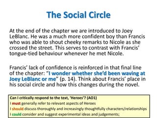The Social Circle
At the end of the chapter we are introduced to Joey
LeBlanc. He was a much more confident boy than Francis
who was able to shout cheeky remarks to Nicole as she
crossed the street. This serves to contrast with Francis’
tongue-tied behaviour whenever he met Nicole.
Francis’ lack of confidence is reinforced in that final line
of the chapter: “I wonder whether she’d been waving at
Joey LeBlanc or me” (p. 14). Think about Francis’ place in
his social circle and how this changes during the novel.
Can I critically respond to the text, ‘Heroes’? (AO1)
I must generally refer to relevant aspects of Heroes
I should discuss thoroughly and increasingly thoughtfully characters/relationships
I could consider and suggest experimental ideas and judgements;
 