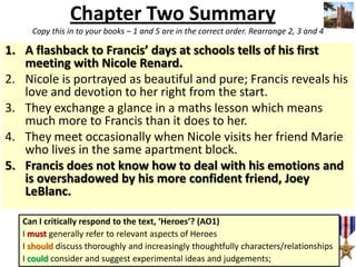 Chapter Two Summary
1. A flashback to Francis’ days at schools tells of his first
meeting with Nicole Renard.
2. Nicole is portrayed as beautiful and pure; Francis reveals his
love and devotion to her right from the start.
3. They exchange a glance in a maths lesson which means
much more to Francis than it does to her.
4. They meet occasionally when Nicole visits her friend Marie
who lives in the same apartment block.
5. Francis does not know how to deal with his emotions and
is overshadowed by his more confident friend, Joey
LeBlanc.
Can I critically respond to the text, ‘Heroes’? (AO1)
I must generally refer to relevant aspects of Heroes
I should discuss thoroughly and increasingly thoughtfully characters/relationships
I could consider and suggest experimental ideas and judgements;
Copy this in to your books – 1 and 5 are in the correct order. Rearrange 2, 3 and 4
 