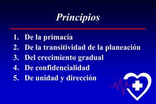 Principios
1. De la primacía
2. De la transitividad de la planeación
3. Del crecimiento gradual
4. De confidencialidad
5. De unidad y dirección
 